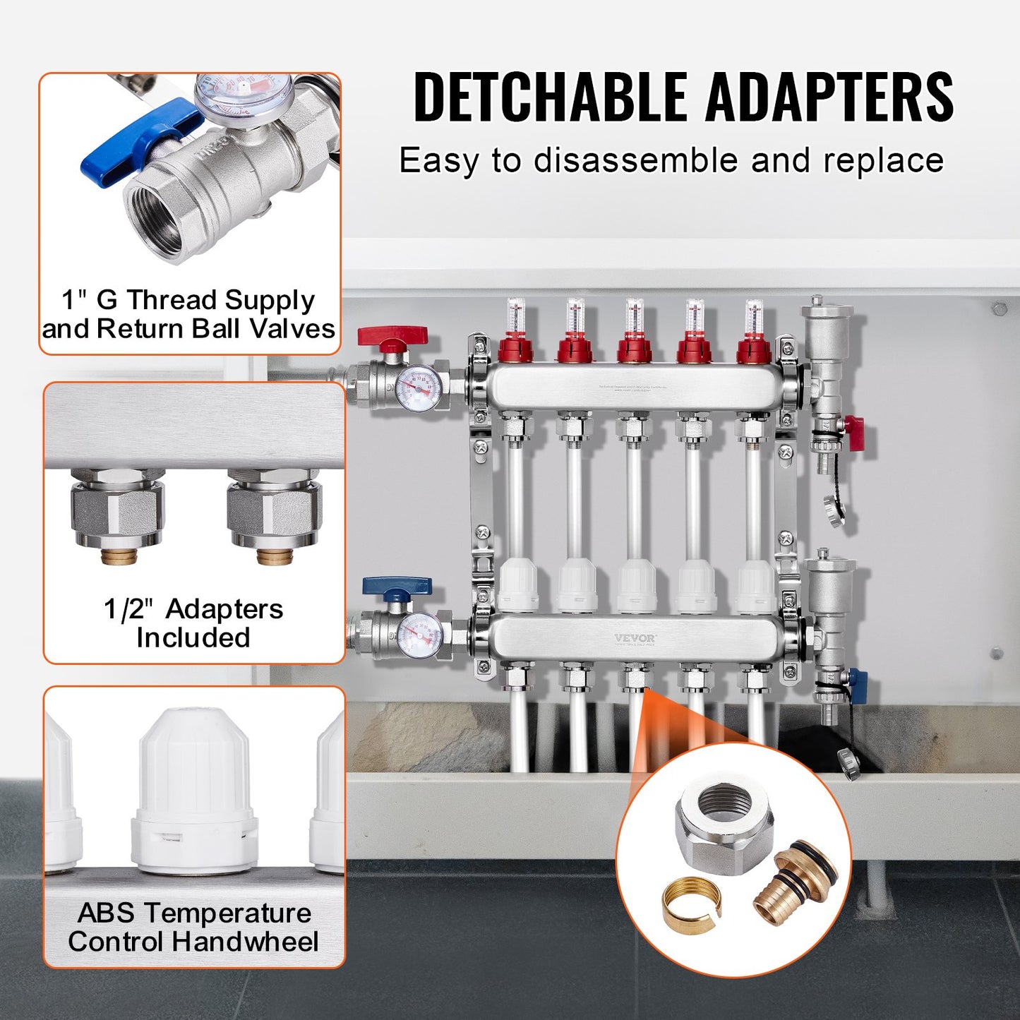 5-grenad värmestrålningsgrenrör, 1/2" PEX-rörgrenrör, PEX-grenrör i rostfritt stål för vattenburen golvvärme, PEX-grenrörssats för värmestrålning med 1/2" adaptrar ingår