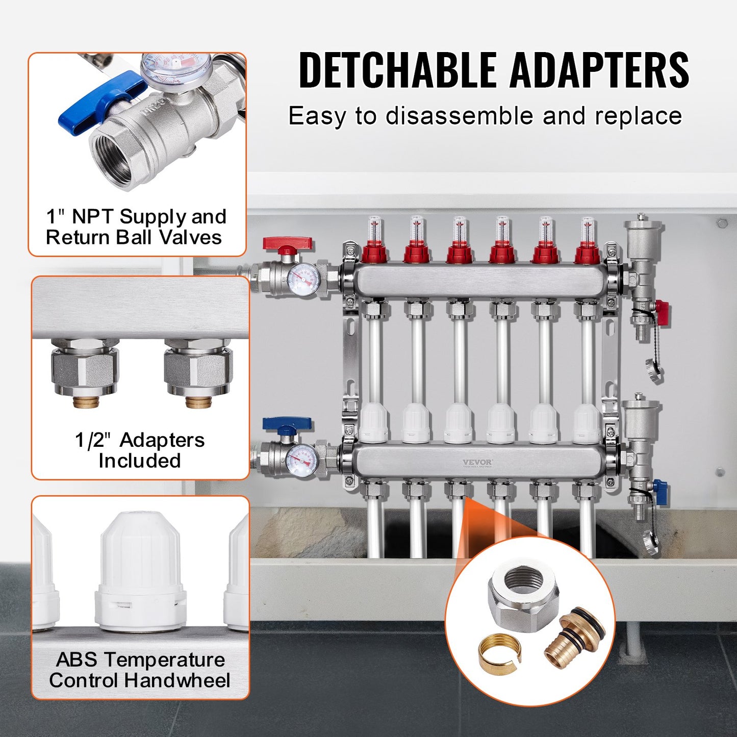 6-Branch Radiant Heat Manifold, 1/2" PEX Tubing Manifold, Stainless Steel PEX Manifold for Hydronic Radiant Floor Heating, Radiant Heat PEX Manifold Kit with 1/2" Adapters Included
