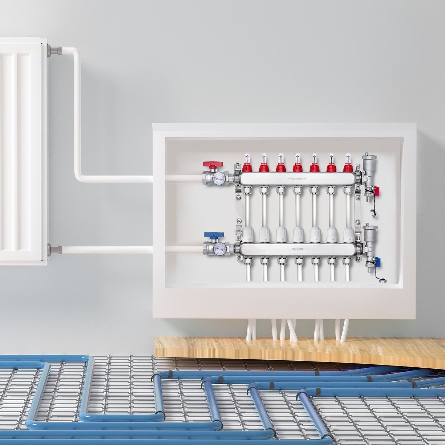 7-Branch Radiant Heat Manifold 1.27 cm PEX Tubing Floor Heating Manifold Set
