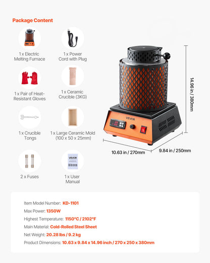 Elektrisk smältugn, 1350W elektrisk smältugnssats, 2102℉/1150℃ metallsmältmaskin med 3kg keramisk degel, guldsmältningssats för smyckestillverkning, metallstänger, metallkomponenter