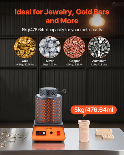 Elektrisk smältugn, 1500W elektrisk smältugnssats, 2102℉/1150℃ metallsmältmaskin med 5 kg keramisk degel, guldsmältningssats för smyckestillverkning, metallstänger, metallkomponenter