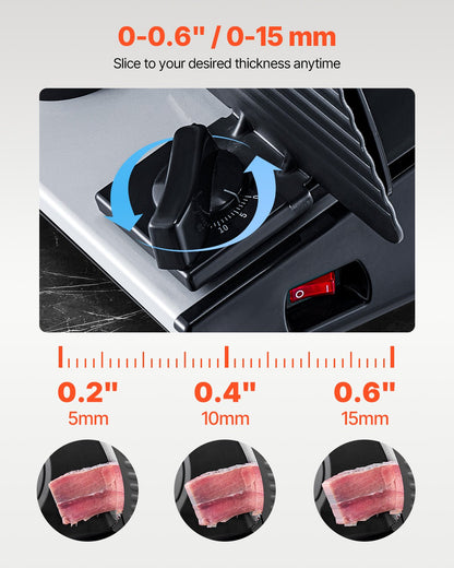 Köttskärare, 7,5 tums elektrisk delikatesskärare, 180 W köttskärare med två premium SUS420-blad, 0-0,6 tum justerbar tjocklek, matskärmaskin för kött, hårt bröd och ost, hemmabruk