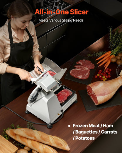 Commercial Meat Slicer, 320W Electric Deli Slicer Machine with 250 mm Sharp Blade, Meat-Slicer with 450 RPM Slicing Speed, 0-10 mm Adjustable Thickness, for Frozen Meat, Ham, Baguett & Steak