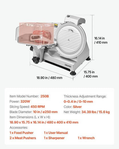 Commercial Meat Slicer, 320W Electric Deli Slicer Machine with 250 mm Sharp Blade, Meat-Slicer with 450 RPM Slicing Speed, 0-10 mm Adjustable Thickness, for Frozen Meat, Ham, Baguett & Steak