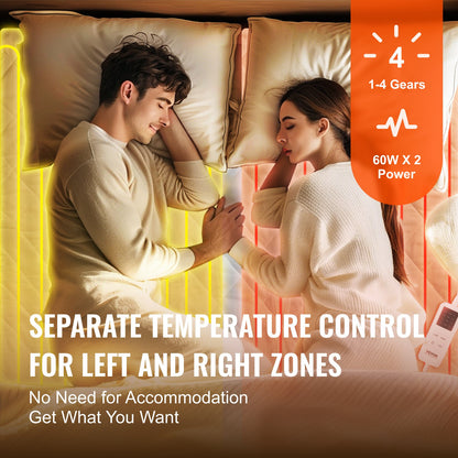 Uppvärmd madrass, 195 x 165 cm, elektrisk sängvärmare med 4 värmeinställningar, 12-timmars timer, 8 timmars automatisk avstängning, elektriska madraslakan i borstat tyg med elastiska fickor runtom.