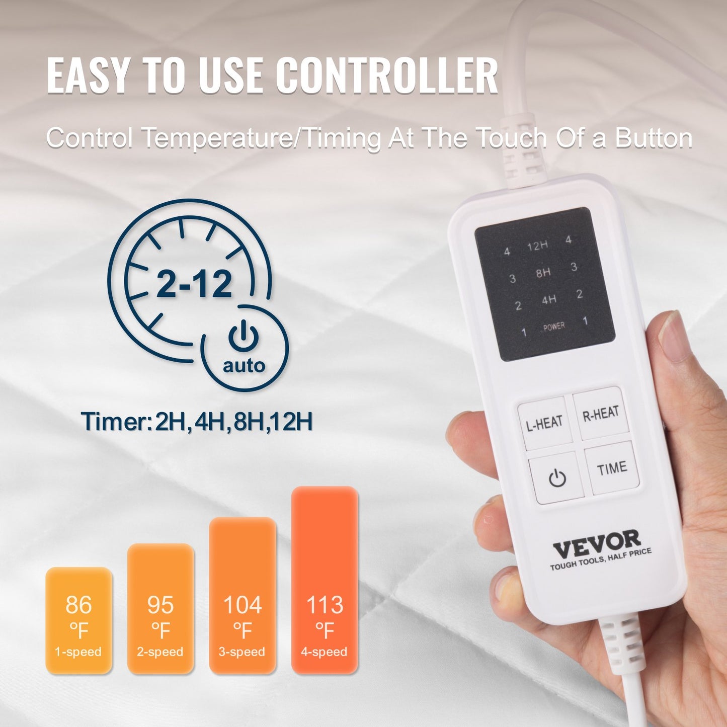 Uppvärmd madrass, 195 x 165 cm, elektrisk sängvärmare med 4 värmeinställningar, 12-timmars timer, 8 timmars automatisk avstängning, elektriska madraslakan i borstat tyg med elastiska fickor runtom.