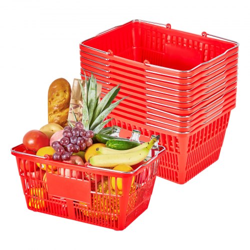 Shopping Baskets, 12 PCS, 21L Stackable PE Plastic Grocery Baskets with Metal Handles, Dense Mesh Structure, Holds up to 9.07kg, Portable for Grocery, Retail, Stores, Supermarket, Home Use, Red