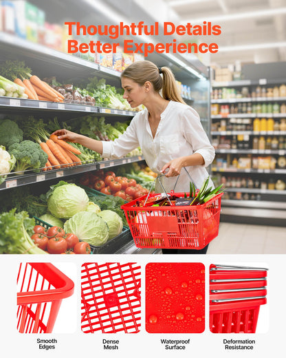 Shopping Baskets, 12 PCS, 21L Stackable PE Plastic Grocery Baskets with Metal Handles, Dense Mesh Structure, Holds up to 9.07kg, Portable for Grocery, Retail, Stores, Supermarket, Home Use, Red
