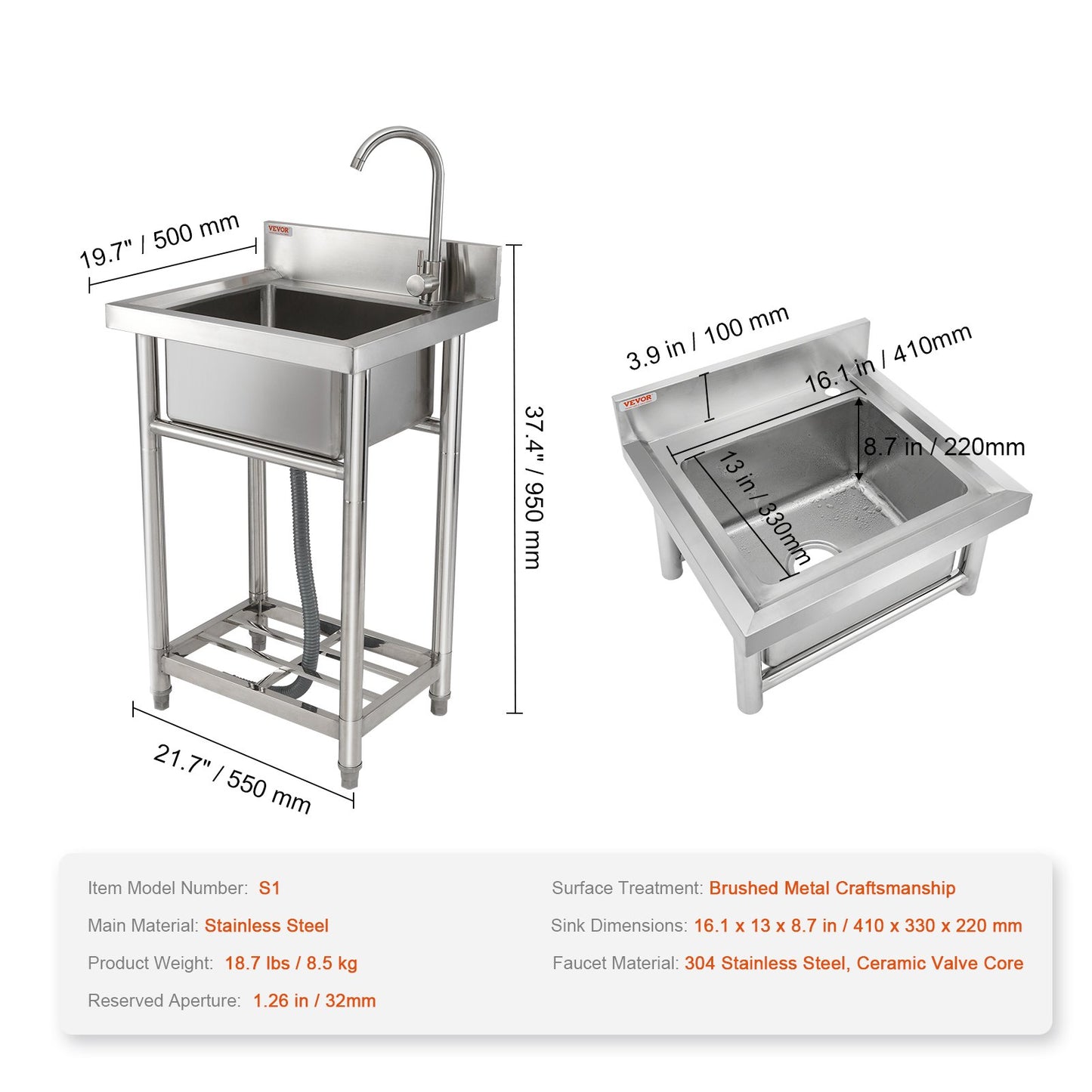 Stainless Steel Utility Sink, 1 Compartment Free Standing Small Sink Include Faucet & legs, 40.6 x 33 x 22.1 cm Commercial Single Bowl Sinks for Garage, Restaurant, Kitchen, Laundry, NSF Certified