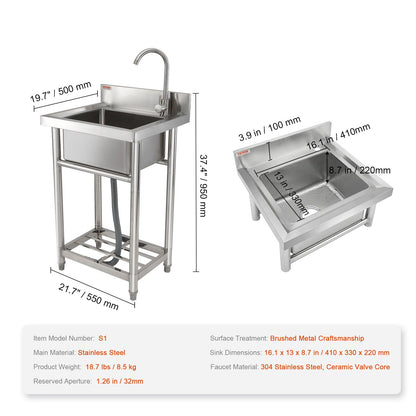Stainless Steel Utility Sink, 1 Compartment Free Standing Small Sink Include Faucet & legs, 40.6 x 33 x 22.1 cm Commercial Single Bowl Sinks for Garage, Restaurant, Kitchen, Laundry, NSF Certified