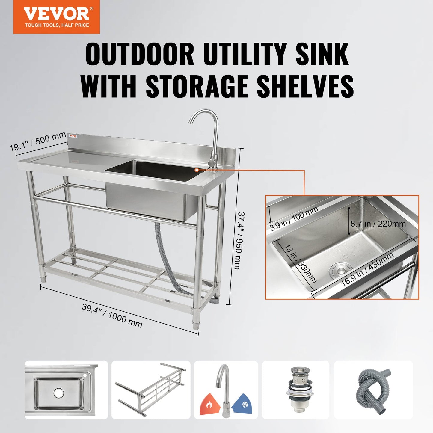 Stainless Steel Utility Sink, Free Standing Single Bowl Commercial Kitchen Sink Set w/Workbench, 100.1 x 48.5 x 95 cm Commercial Single Bowl Sinks for Garage, Restaurant, Laundry, NSF Certified