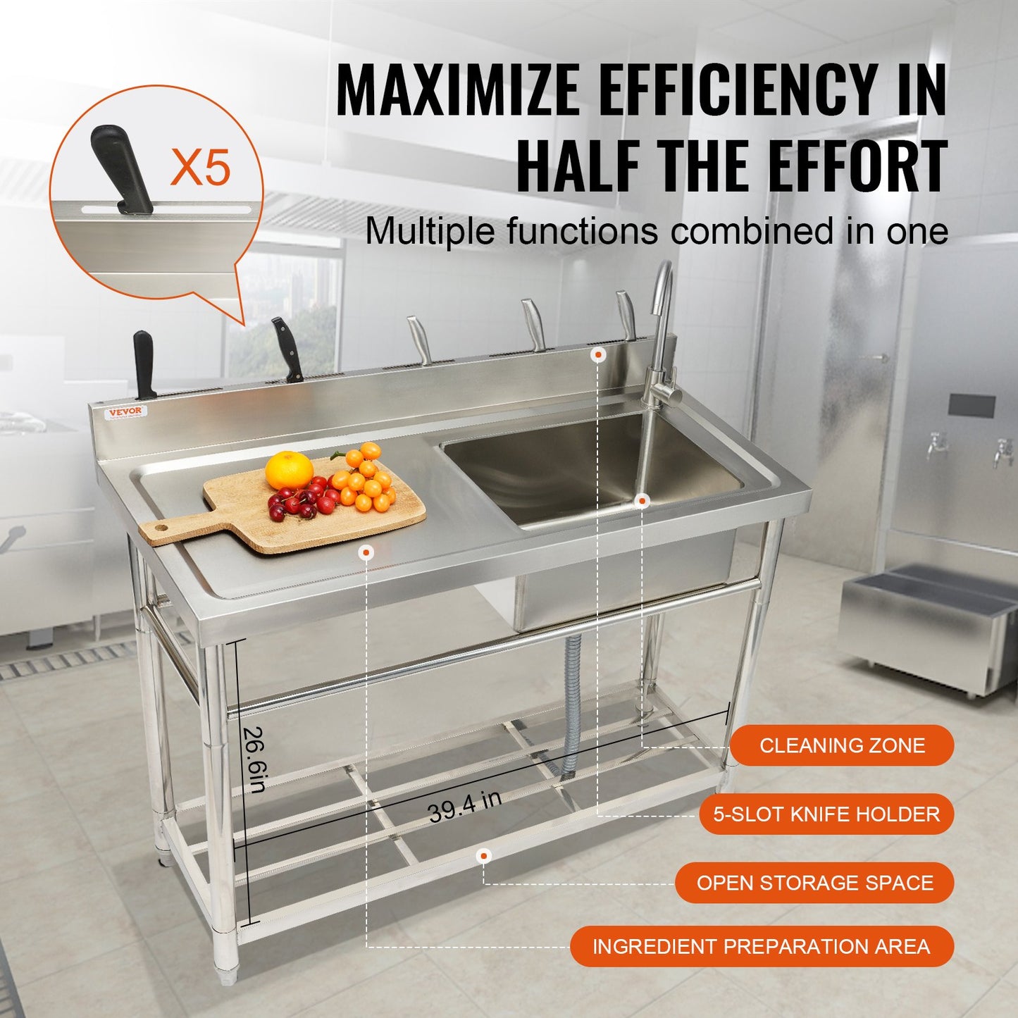 Stainless Steel Utility Sink, Free Standing Single Bowl Commercial Kitchen Sink Set w/Workbench, 100.1 x 48.5 x 95 cm Commercial Single Bowl Sinks for Garage, Restaurant, Laundry, NSF Certified