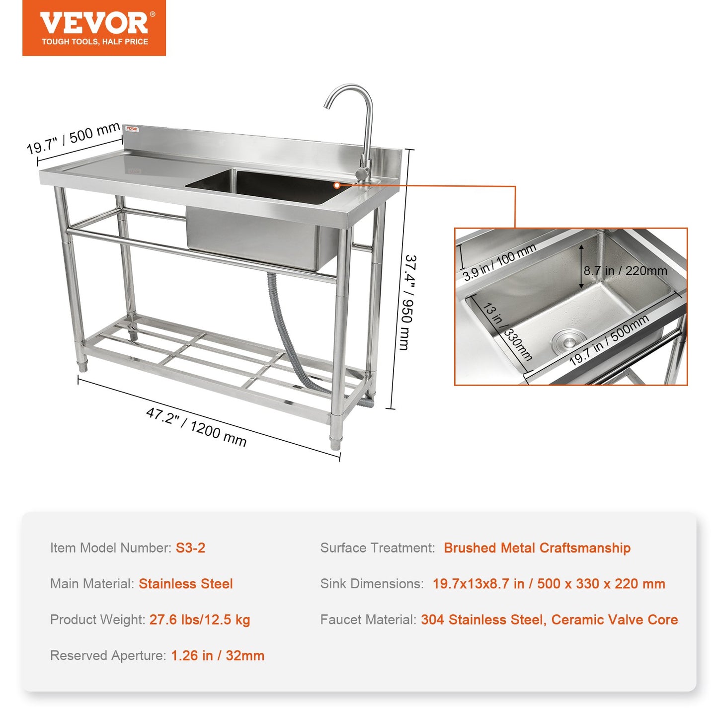 Stainless Steel Utility Sink, 1 Compartment Free Standing Small Sink w/Workbench Faucet & legs, 119.88 x 50.04 x 95 cm Commercial Single Bowl Sinks for Garage, Restaurant, Laundry, NSF Certified