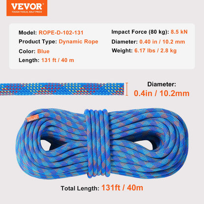 10.2mm Dynamic Climbing Rope, 40M(131ft) Outdoor Rock Climbing Rope 25KN Breaking Tension, Stretchable Fiber Rope with Steel Snap Hooks for Escape, Rappelling, Fire Rescue, Blue