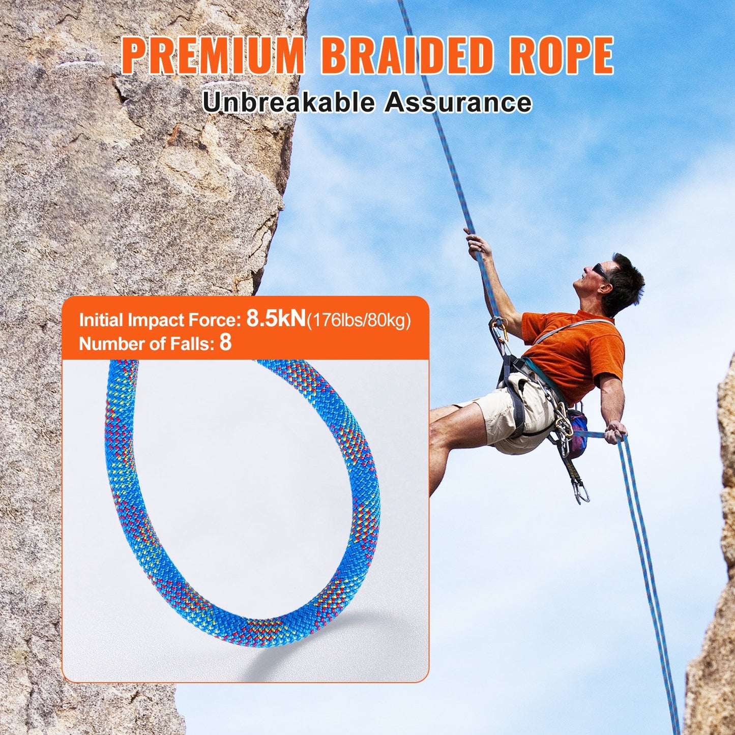 10.2mm Dynamic Climbing Rope, 50M(164ft) Outdoor Rock Climbing Rope 25KN Breaking Tension, Stretchable Fiber Rope with Steel Snap Hooks for Escape, Rappelling, Fire Rescue, Blue