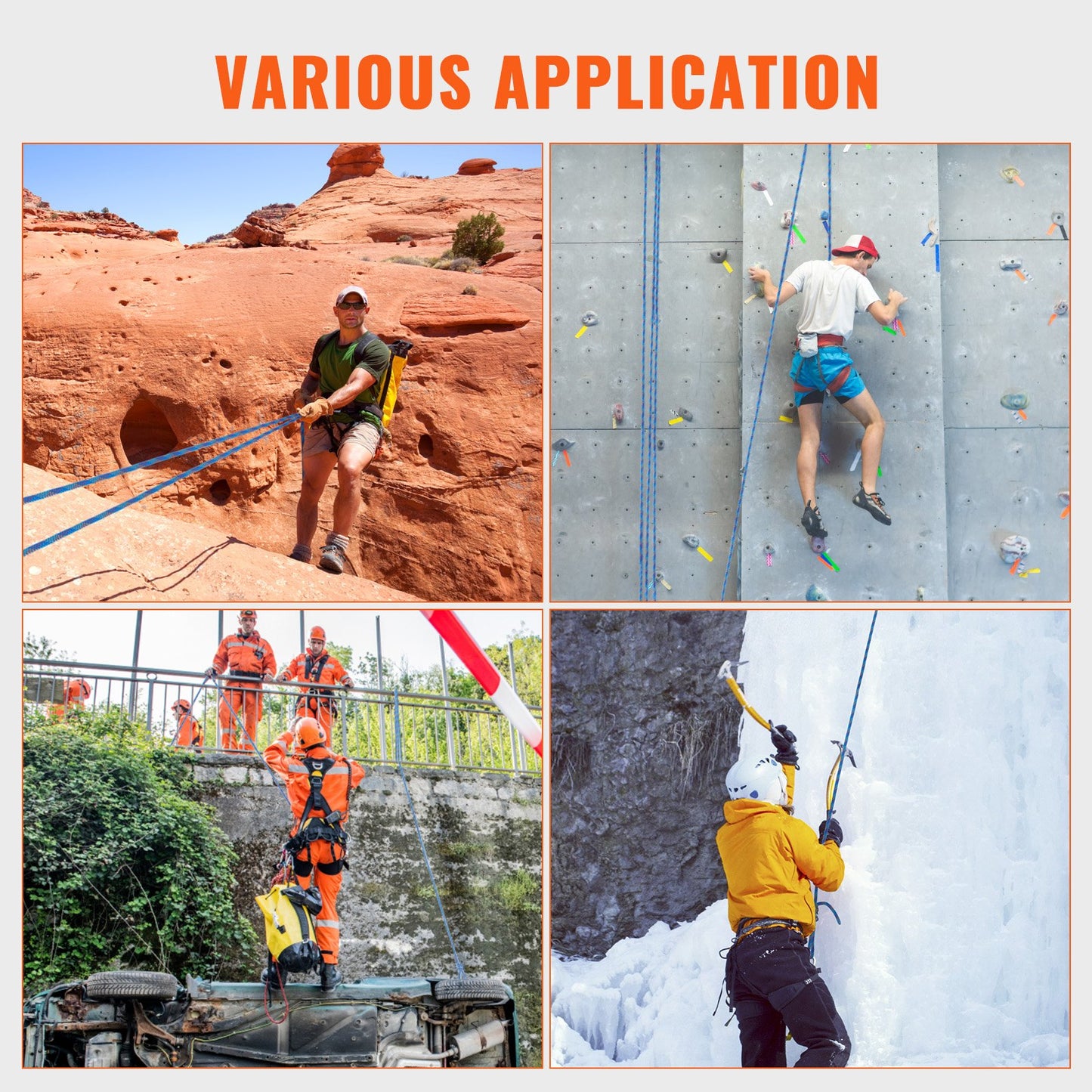 10.2mm Dynamic Climbing Rope, 70M(230ft) Outdoor Rock Climbing Rope 25KN Breaking Tension, Stretchable Fiber Rope with Steel Snap Hooks for Escape, Rappelling, Fire Rescue, Blue