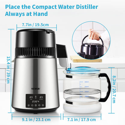 Water Distiller, 1 L/H, 4L Distilled Water Maker with 0-99 H Timing, 750W Countertop Water Purifier with Dual Temp Display, Glass Carafe Cleaning Powder 3 Carbon Packs Equipped, FDA Approved, Si