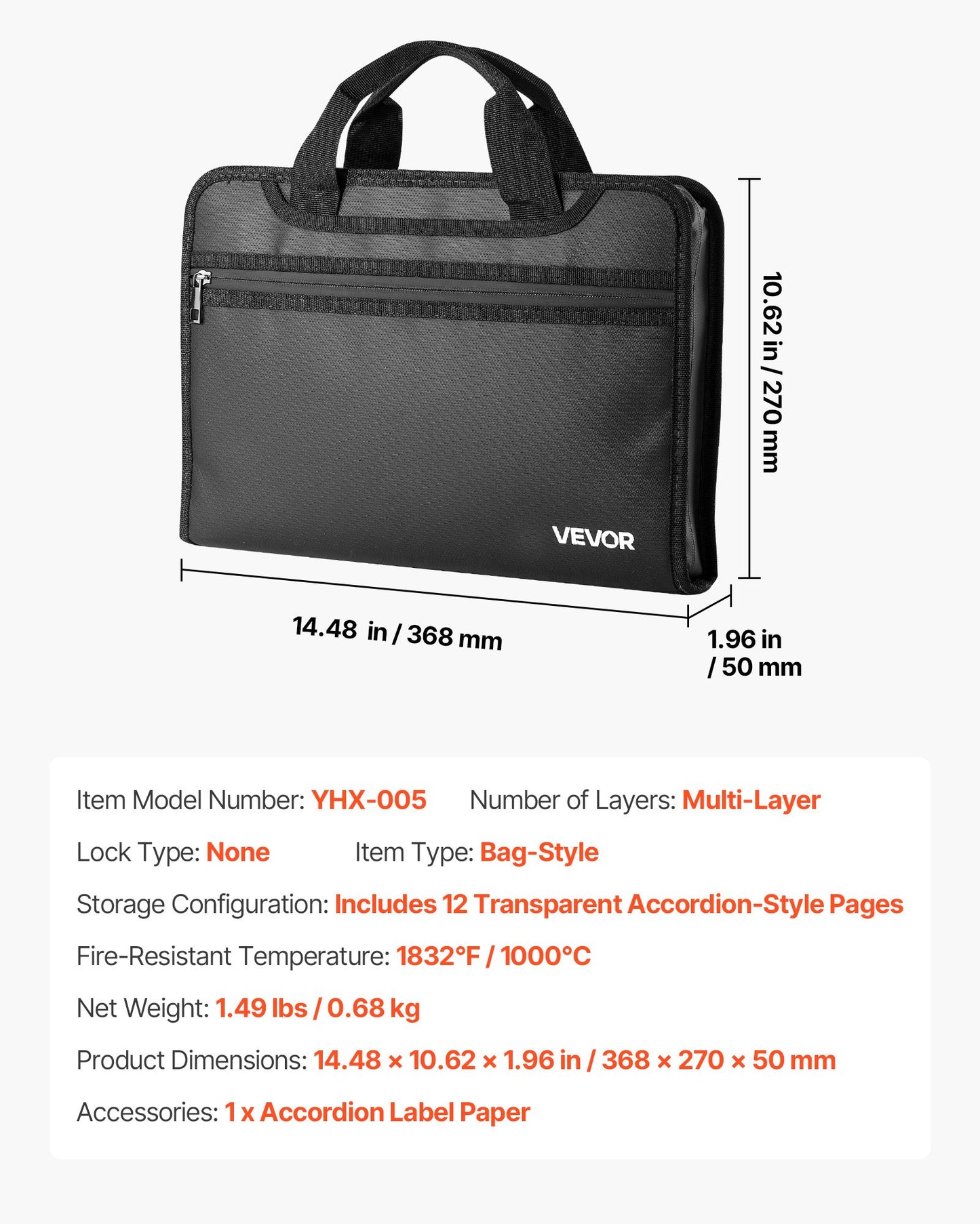 Fireproof Document Bag, 1000 ℃ Heat Insulated Fireproof & Waterproof Bag, Portable Multi-Layer File Storage Security Organizer Home Office Travel Use, for Passports, Important Documents, Files