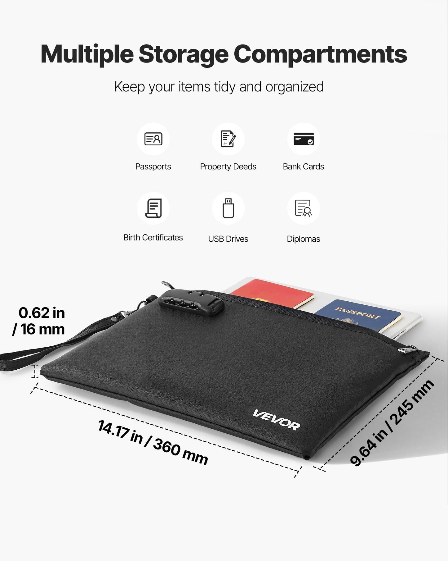Fireproof Document Bag, 1000 ℃ Heat Insulated Fireproof & Waterproof Bag with Lock, Portable File Storage Security Organizer Home Office Travel Use, for Passports, Important Documents & Files
