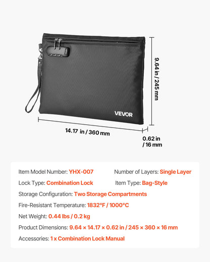 Fireproof Document Bag, 1000 ℃ Heat Insulated Fireproof & Waterproof Bag with Lock, Portable File Storage Security Organizer Home Office Travel Use, for Passports, Important Documents & Files