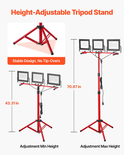 LED-arbetslampa med stativ, 15000 lumen, bärbar campinglampa med tre huvuden och individuell strömbrytare, stativ, 3,3 m nätsladd, för inomhus- och utomhusarbeten, IP65 vattentät