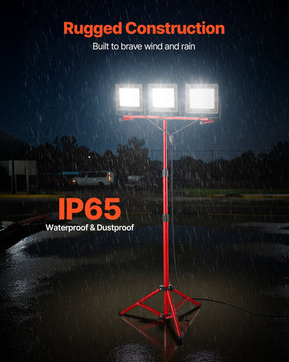 LED-arbetslampa med stativ, 15000 lumen, bärbar campinglampa med tre huvuden och individuell strömbrytare, stativ, 3,3 m nätsladd, för inomhus- och utomhusarbeten, IP65 vattentät