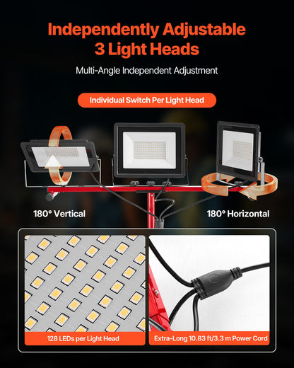 LED-arbetslampa med stativ, 21000 lumen, bärbar campinglampa med tre huvuden och individuell strömbrytare, stativ, 3,3 m nätsladd, för inomhus- och utomhusarbeten, IP65 vattentät