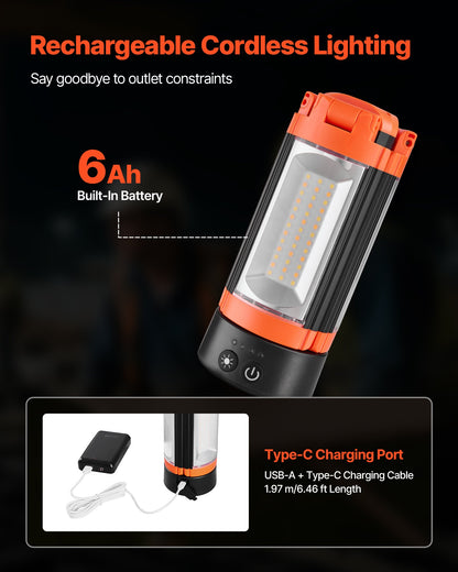 LED Work Light with Stand, 6Ah, Rechargeable Cordless Camping Light, with 3 Lamp Heads, Detachable Tripod Stand, 2200 Lumens 3000K-6500K Dimmable, Portable Construction Lighting for Job Site