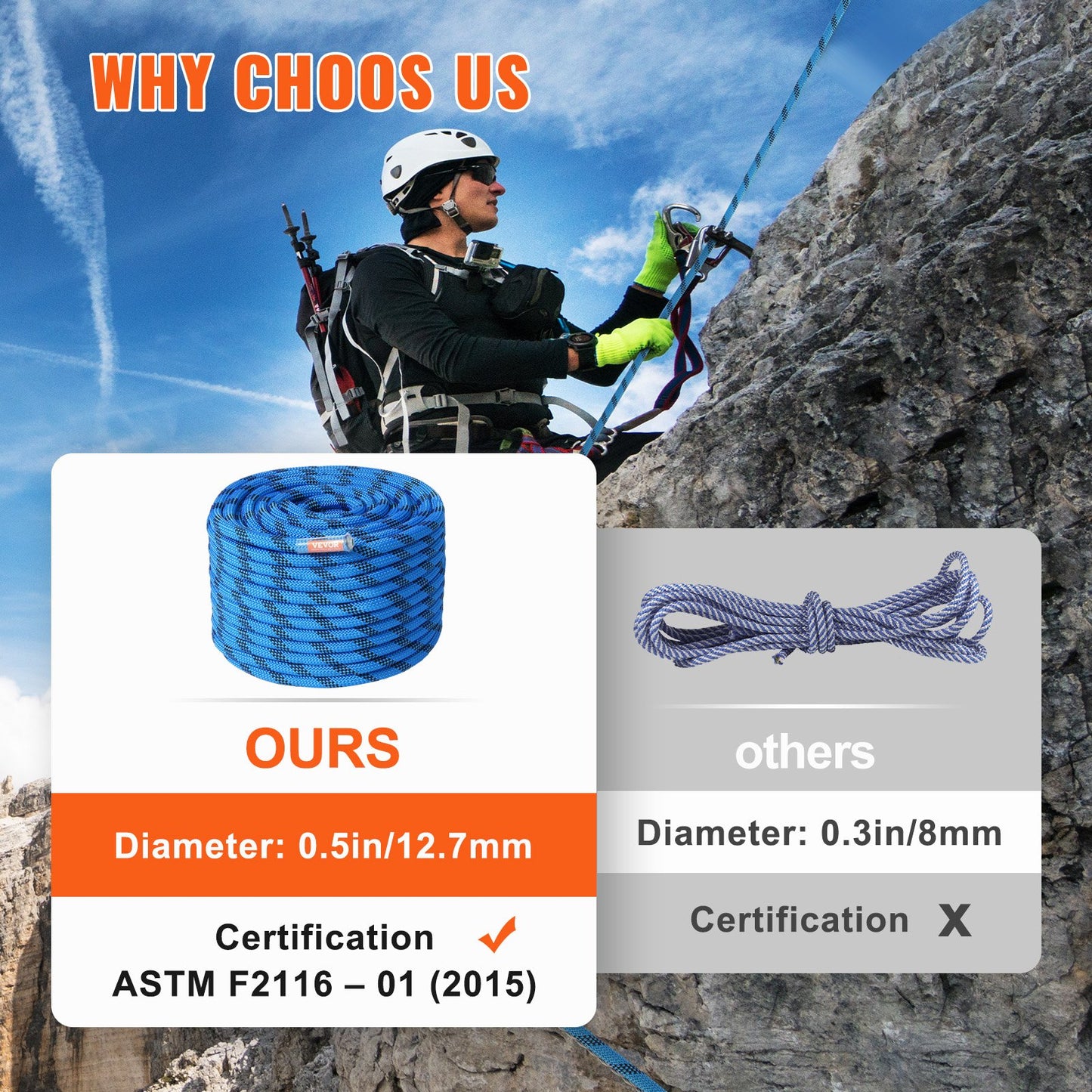 12.7mm Static Climbing Rope, 45.7M(150ft) Outdoor Rock Climbing Rope 30KN Breaking Tension, Fiber Rope with Steel Snap Hooks for Escape, Rappelling, Fire Rescue, Blue