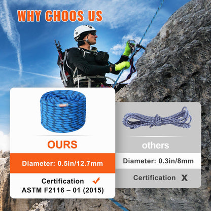 12.7mm Static Climbing Rope, 45.7M(150ft) Outdoor Rock Climbing Rope 30KN Breaking Tension, Fiber Rope with Steel Snap Hooks for Escape, Rappelling, Fire Rescue, Blue