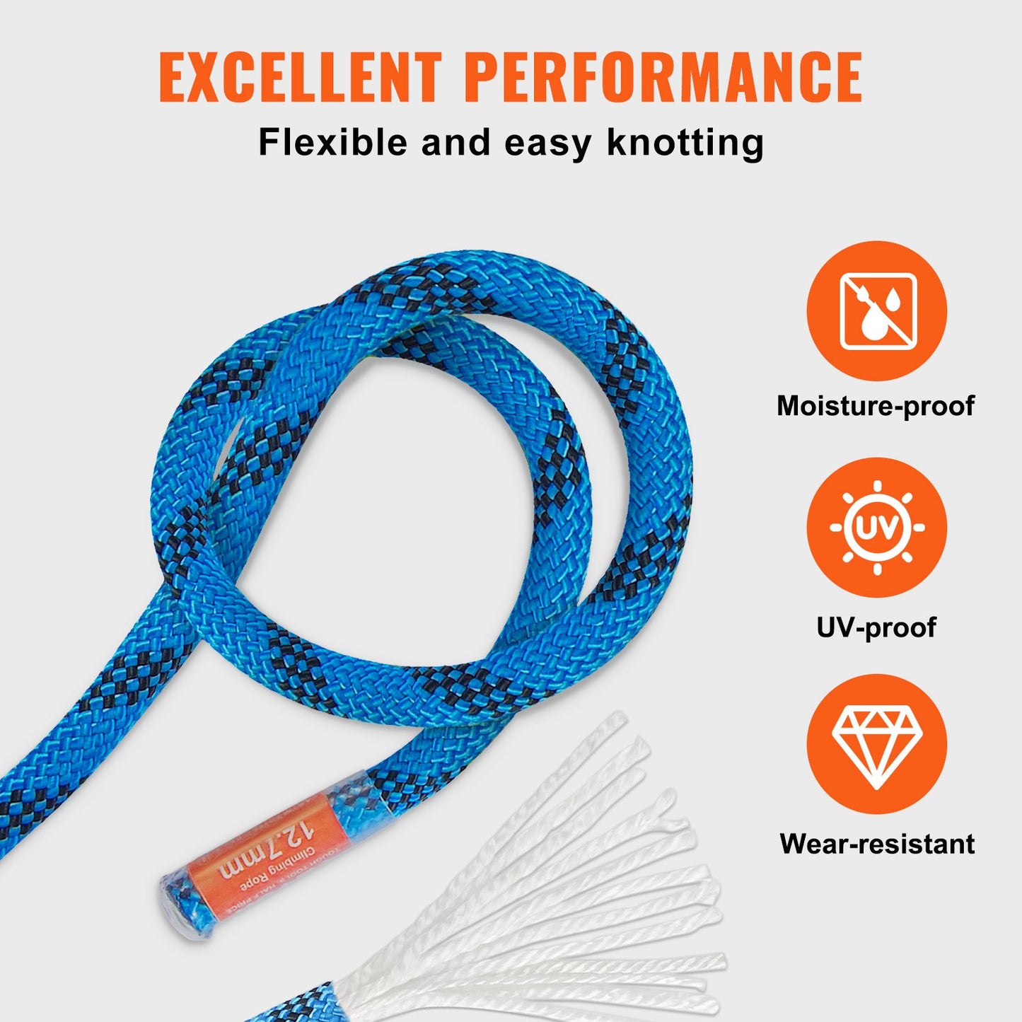 12.7mm Static Climbing Rope, 45.7M(150ft) Outdoor Rock Climbing Rope 30KN Breaking Tension, Fiber Rope with Steel Snap Hooks for Escape, Rappelling, Fire Rescue, Blue