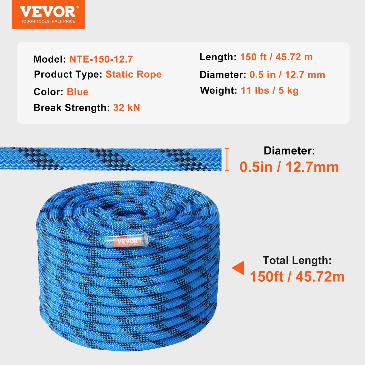 12.7mm Static Climbing Rope, 45.7M(150ft) Outdoor Rock Climbing Rope 30KN Breaking Tension, Fiber Rope with Steel Snap Hooks for Escape, Rappelling, Fire Rescue, Blue
