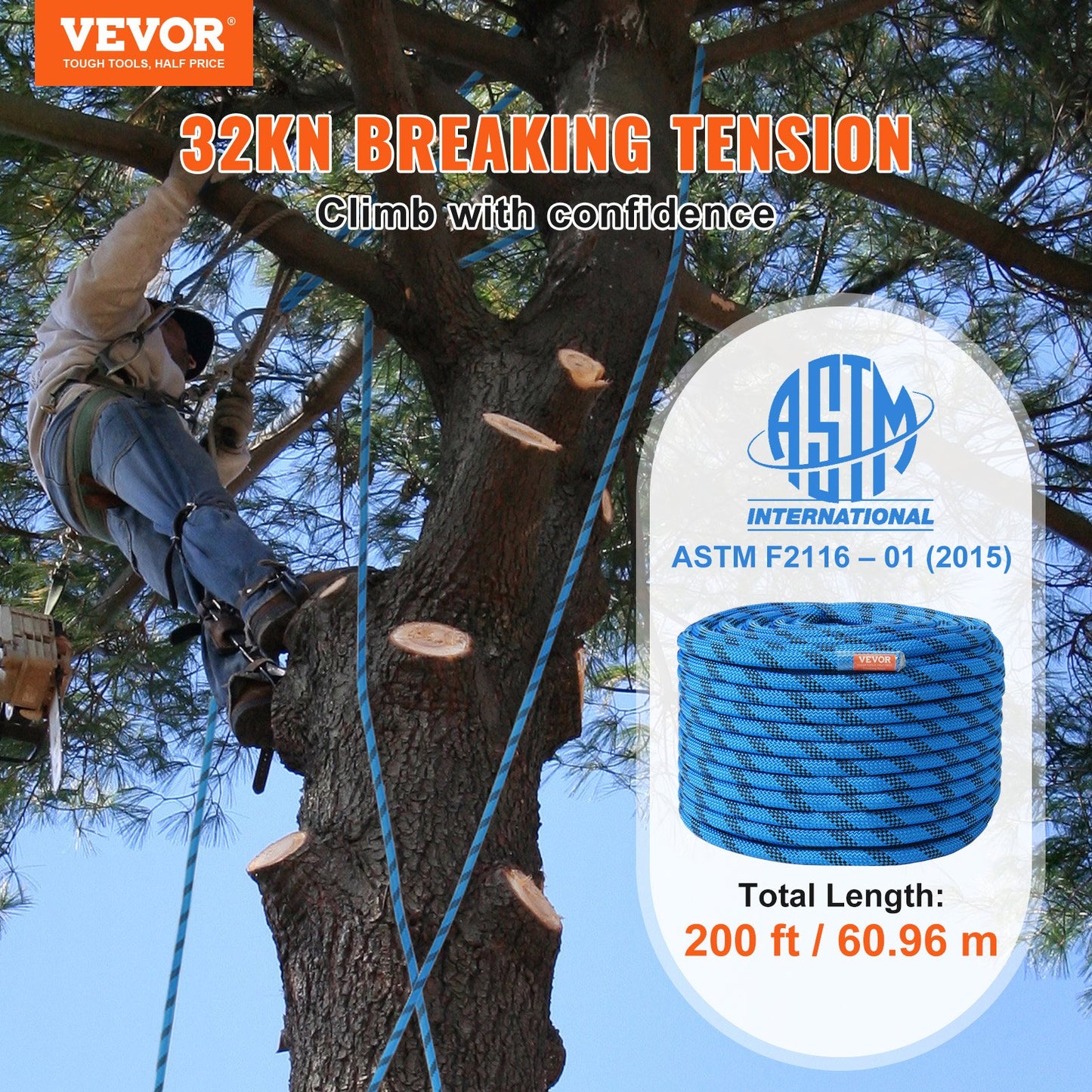 12.7mm Static Climbing Rope, 60.9M(200ft) Outdoor Rock Climbing Rope 30KN Breaking Tension, Fiber Rope for Escape, Rappelling, Fire Rescue, Blue
