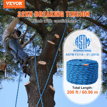12.7mm Static Climbing Rope, 60.9M(200ft) Outdoor Rock Climbing Rope 30KN Breaking Tension, Fiber Rope for Escape, Rappelling, Fire Rescue, Blue