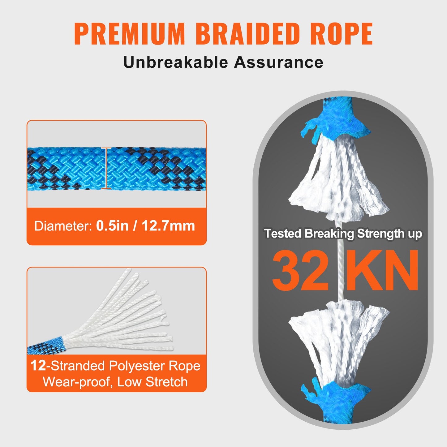 12.7mm Static Climbing Rope, 60.9M(200ft) Outdoor Rock Climbing Rope 30KN Breaking Tension, Fiber Rope for Escape, Rappelling, Fire Rescue, Blue
