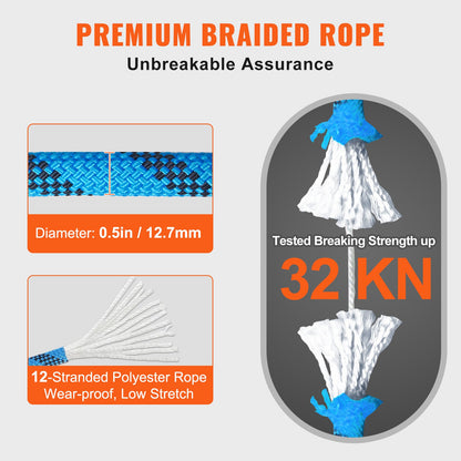 12.7mm Static Climbing Rope, 60.9M(200ft) Outdoor Rock Climbing Rope 30KN Breaking Tension, Fiber Rope for Escape, Rappelling, Fire Rescue, Blue