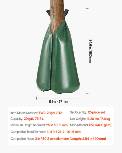 Tree Watering Bag, 12 Packs 20 Gallons Watering Bags for New Trees, 5-9 Hours Slow Release Refillable Tree Drip Irrigation Bags with Zipper, Durable Tree Watering System for Deep Root Targeting