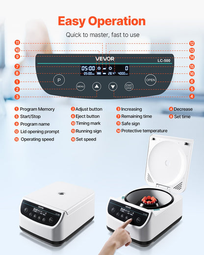 Centrifuge Machine, 100-1900xg RCF Electric Laboratory Centrifuge Machine with 1 Rotor for 2/5/10/15ml Tube Capacity, Low Speed 500-4000rpm with Timer, Widely Used in Various Experiments