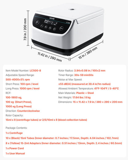 Centrifuge Machine, 100-1900xg RCF Electric Laboratory Centrifuge Machine with 1 Rotor for 2/5/10/15ml Tube Capacity, Low Speed 500-4000rpm with Timer, Widely Used in Various Experiments