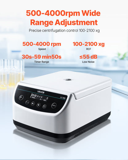 Centrifuge Machine, 100-2100xg RCF Electric Laboratory Centrifuge Machine with 1 Rotor for 2/5/10/15/50ml Tube Capacity, Low Speed 500-4000rpm with Timer, Widely Used in Various Experiments
