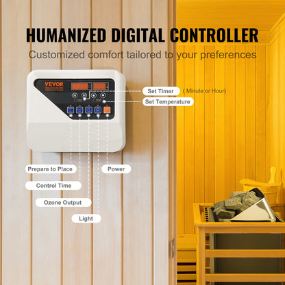 Bastuaggregat, 6KW elektrisk bastuugn, 400V 3N bärbar inomhus-/utomhusbastuaggregat med 3 timmars timer, digital styrenhet för 5-9 m³ hemmabruk, kommersiell hotellspadusch, max 110℃