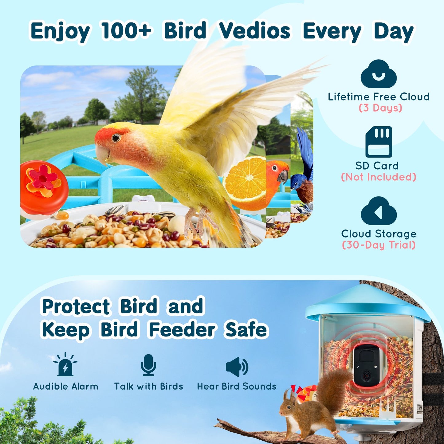 Smart Bird Feeder with Camera, 2K HD AI Identify 10000+ Bird Species, Solar-Powered Bird Watching Camera with Auto Capture & Instant Notify, Wireless Outdoor Gift for Bird Lover (2 Solar Panels)