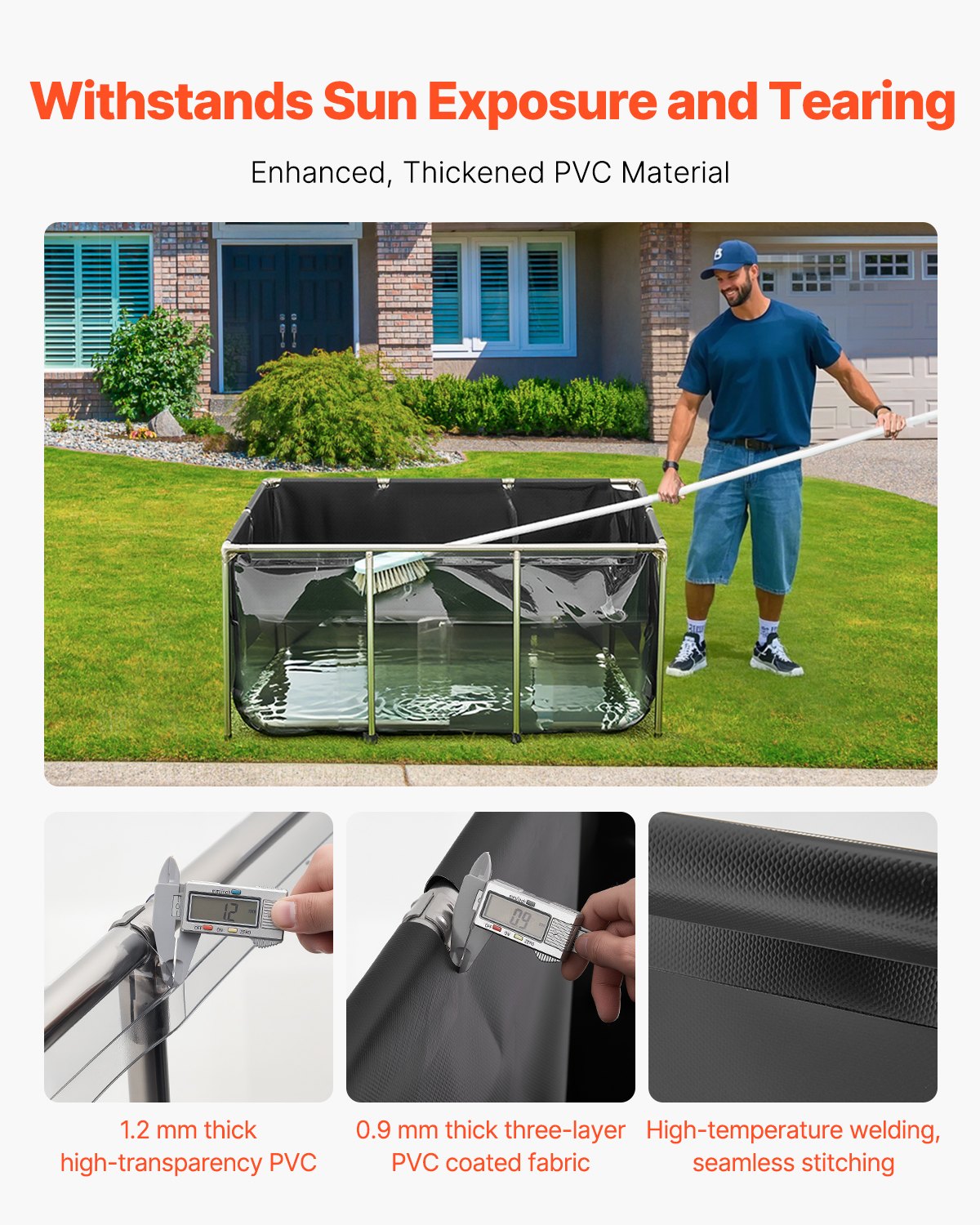 Fiskdamm i kanvas, 270 gallon ovanmarksdamm, PVC-koi-akvarie med genomskinlig panel, rektangulärt guldfiskakvarie med ram i rostfritt stål och dräneringsventil, för koi-odling, bevattning (svart)