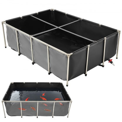 Canvas Fish Pond, 470 Gal Above Ground Fish Pond, PVC Koi Tank with Clear Viewing Panel, Rectangular Goldfish Tank with Stainless Steel Frame & Drain Valve, for Breeding Koi, Irrigation(Black)