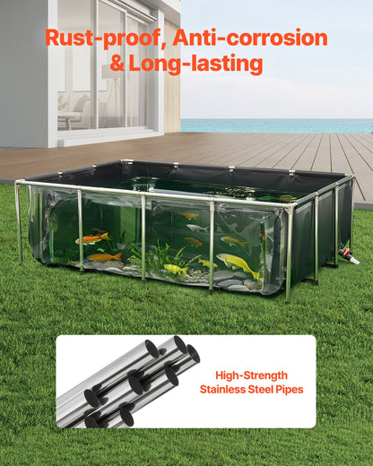 Canvas Fish Pond, 470 Gal Above Ground Fish Pond, PVC Koi Tank with Clear Viewing Panel, Rectangular Goldfish Tank with Stainless Steel Frame & Drain Valve, for Breeding Koi, Irrigation(Black)