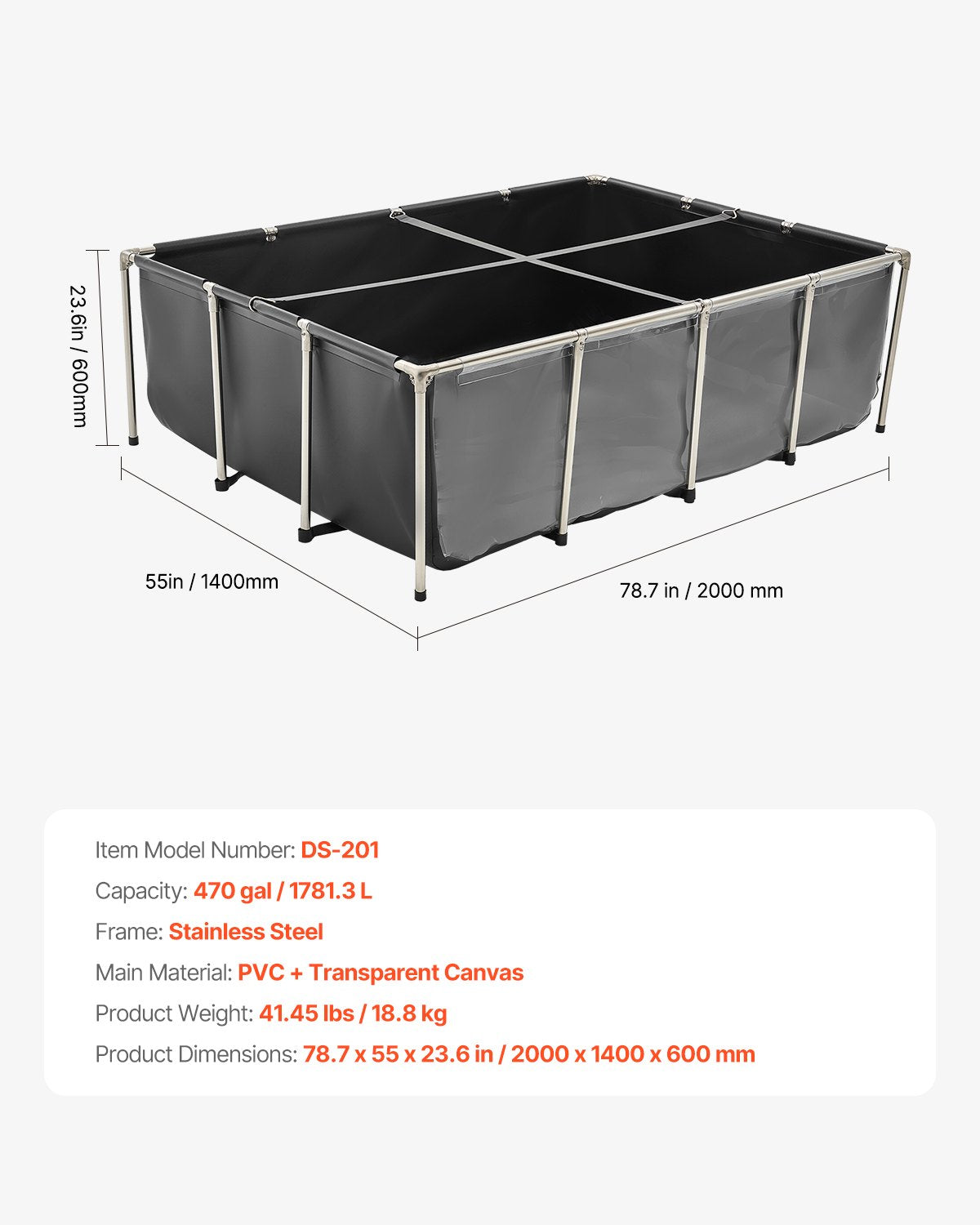 Canvas Fish Pond, 470 Gal Above Ground Fish Pond, PVC Koi Tank with Clear Viewing Panel, Rectangular Goldfish Tank with Stainless Steel Frame & Drain Valve, for Breeding Koi, Irrigation(Black)