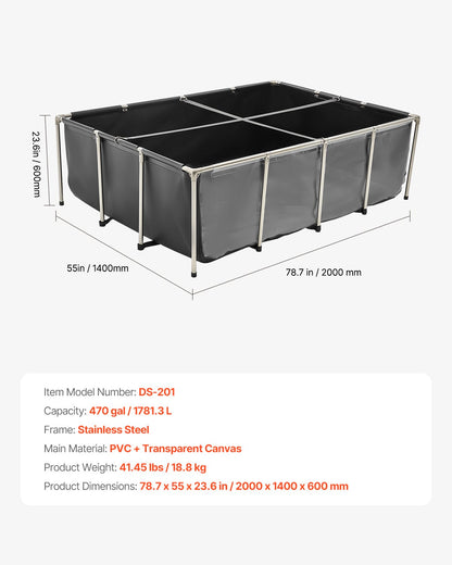 Canvas Fish Pond, 470 Gal Above Ground Fish Pond, PVC Koi Tank with Clear Viewing Panel, Rectangular Goldfish Tank with Stainless Steel Frame & Drain Valve, for Breeding Koi, Irrigation(Black)