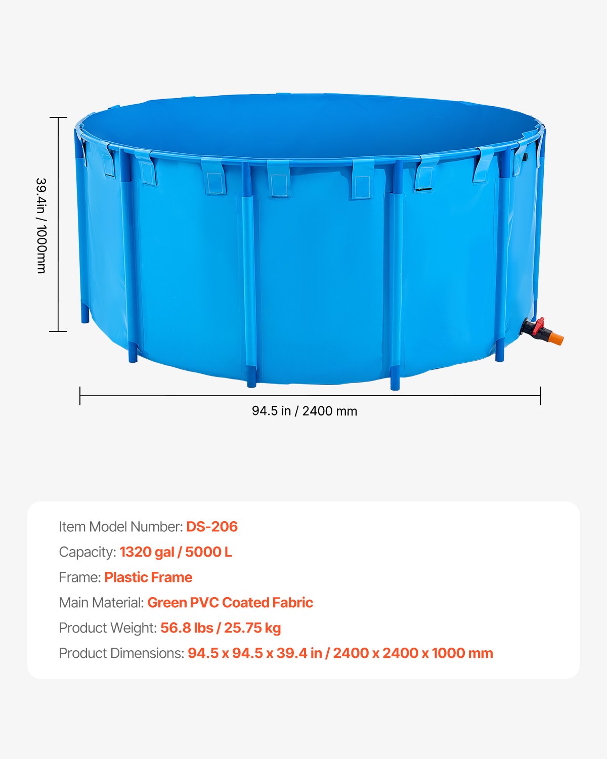 Fiskdamm i kanvas, 1320 gallons kapacitet ovan mark, hopfällbar PVC-koi-akvarie, rund guldfiskakvarie med stabil ram och dräneringsventil, för vattenbruk, koi-odling och bevattning (blå)
