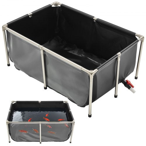 Fiskdamm i kanvas, 126,8 gallon ovanmarksdamm, PVC-koi-akvarie med genomskinlig panel, rektangulärt guldfiskakvarie med ram i rostfritt stål och dräneringsventil, för koi-odling, bevattning (svart)