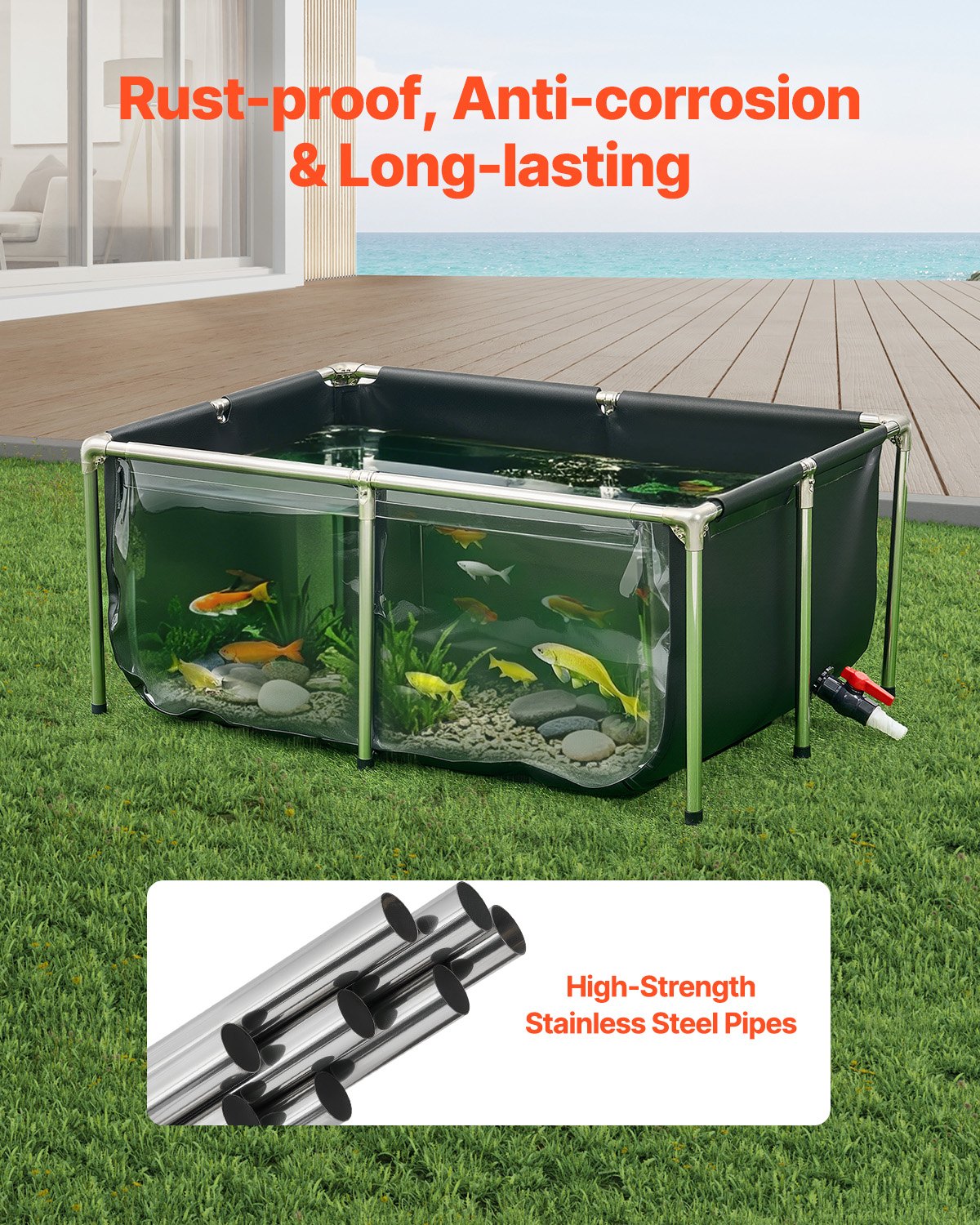 Fiskdamm i kanvas, 126,8 gallon ovanmarksdamm, PVC-koi-akvarie med genomskinlig panel, rektangulärt guldfiskakvarie med ram i rostfritt stål och dräneringsventil, för koi-odling, bevattning (svart)